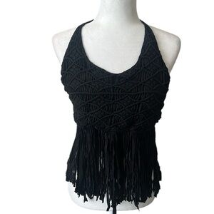 NWT POL Black Macrame Fringe Halter Top Back Ties Beaded Trim Size Small